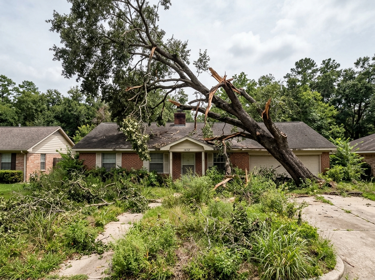 Before — storm-damaged tree on house
